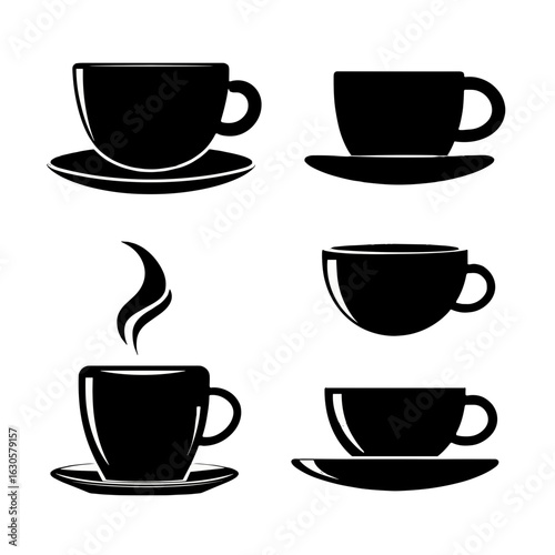 Multiple black coffee cups and saucers in a set.