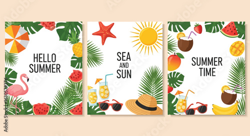 Vector illustration of collection of three summer themed posters with tropical elements like flamingos, sun, starfish, fruits, and drinks