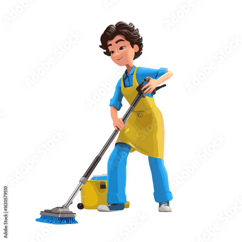 A cleaning lady with vacuum cleaner in action.