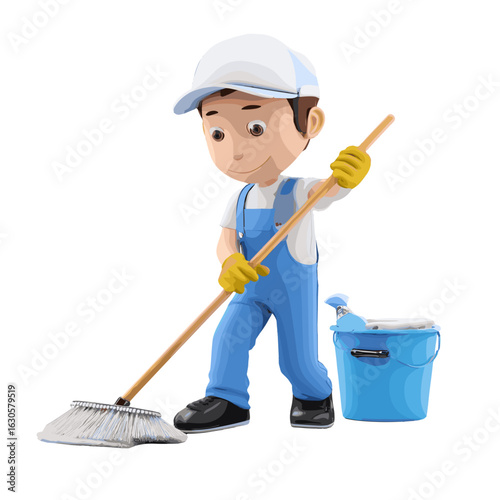 A friendly cartoon cleaner diligently sweeping the floor.