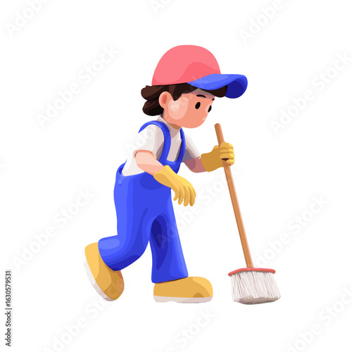 Illustration of a cleaning staff sweeping floor.