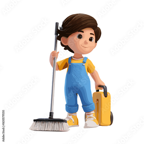 A little boy ready for doing house cleaning work.