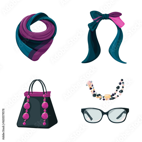 Stylish accessories displayed including a scarf, hair accessory, bag, necklace, and glasses.