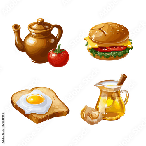 Assortment of breakfast items in artful illustrations.