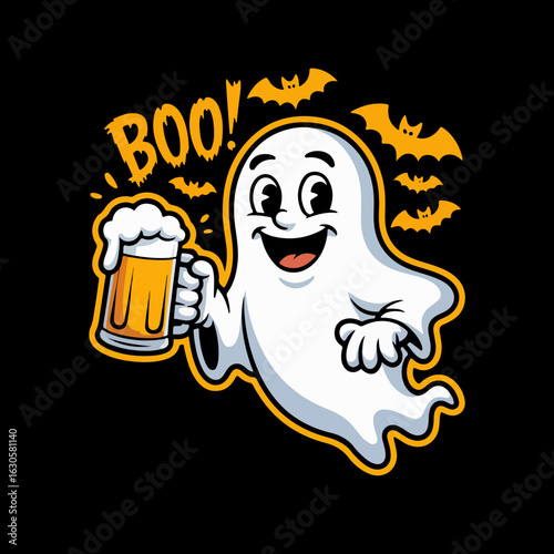 Cartoon ghost holding a beer mug and saying boo with bats flying around