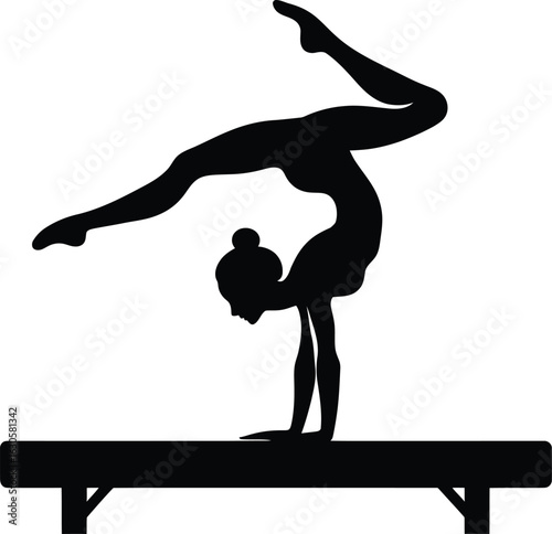 Silhouette of a graceful artistic gymnast performing a handstand on a balance beam.