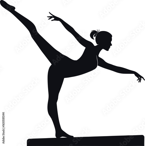 Silhouette of a female gymnast in a graceful pose on a balance beam vector art.