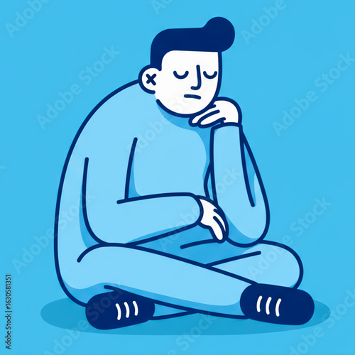 Vector illustration of a pensive cartoon man sitting cross-legged on light blue background  
