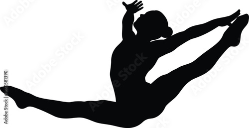 Graceful silhouette of a female gymnast performing an artistic split leap in mid-air.