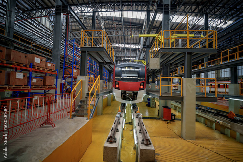 Modern train under construction in a bustling manufacturing facility