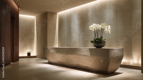 Hotel lobby reception desk, minimalist design, orchids, calm background