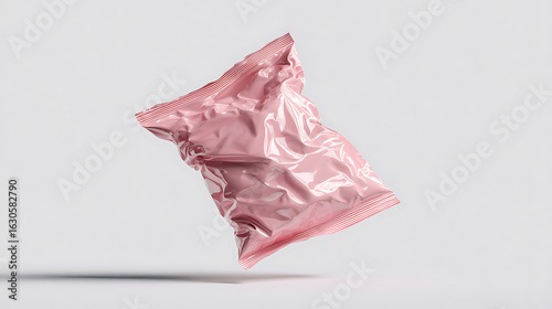 High-quality mockup of a glossy plastic packaging bag with crinkled texture, floating above a white background with soft shadow below, clean minimal look, hyper-detailed, no logo or label