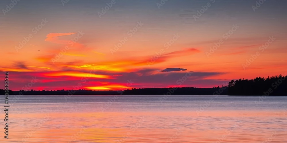 Vibrant orange and pink sunset reflecting on calm Minnesota lake water, calm, horizon Vibrant orange and pink sunset reflecting on calm Minnesota lake water, calm, horizon