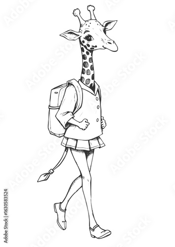 Cute Pencil Sketch of A Giraffe Walking to School