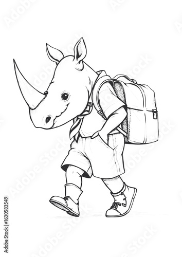 Cute Pencil Sketch of a Rhinoceros Walking to School