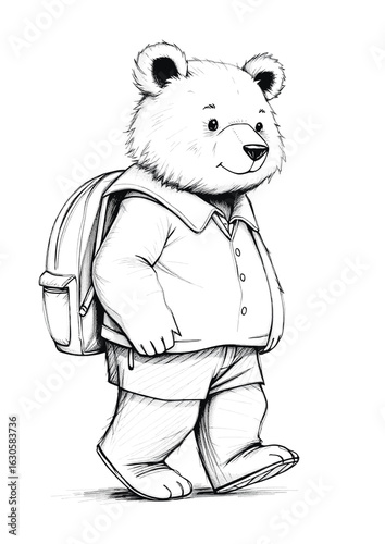Cute Pencil Sketch of Bear Walking to School