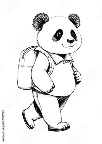 Cute Pencil Sketch of Panda Walking to School