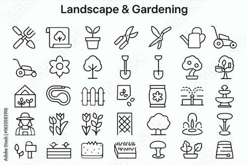 
Landscape and Gardening Line Icons Set, with symbols for tools, plants, and garden maintenance. Perfect for landscaping services, gardening apps, and home improvement websites.