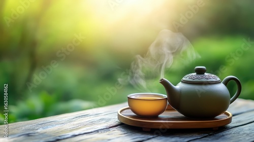 Wallpaper Mural Steam Rising from Teapot and Cup on Wooden Table in Garden Torontodigital.ca