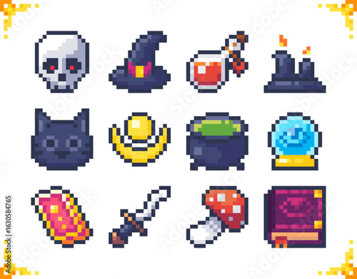 Set of pixel art icons of witch items. Skull, witch hat, elixir, potion, candles, cat, crescent moon, cauldron, sphere, ball, tarrot cards, ritual dagger, fly agaric, magic book. 16x16 pixels