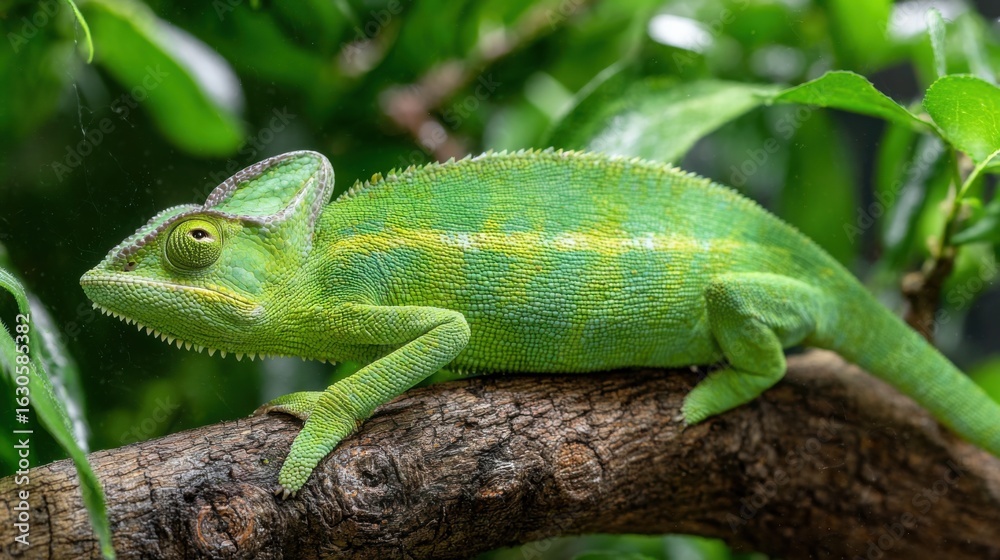 Fototapeta premium A bright green chameleon with distinct yellow stripes is calmly perched on a branch. The surrounding lush foliage enhances its vibrant colors, showcasing its adaptability in nature.