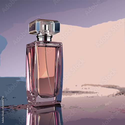 Shiny perfume bottle displayed on smooth gradient backgrounds with a modern, elegant aesthetic.