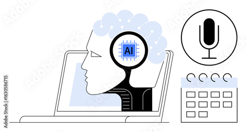 Human head with AI chip inside near laptop, microphone, calendar icons. Ideal for AI-powered tools, voice recognition, scheduling, innovation, technology, automation simple landing page