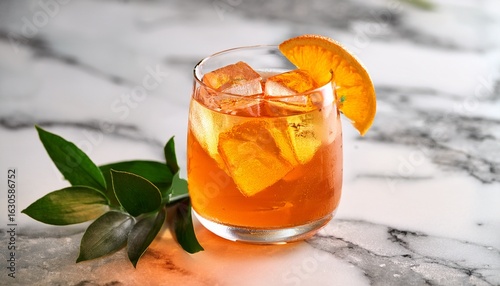 crodino spritz amber elixir a refreshing cocktail with ice cubes orange slice and green leaves in a clear glass on a marble surface