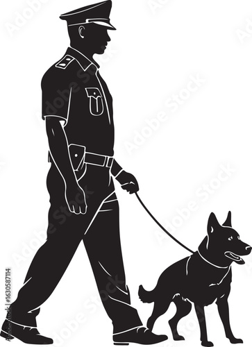 Silhouette of Security Officer Standing with Guard Dog