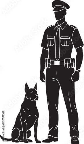 Silhouette of Security Officer Standing with Guard Dog