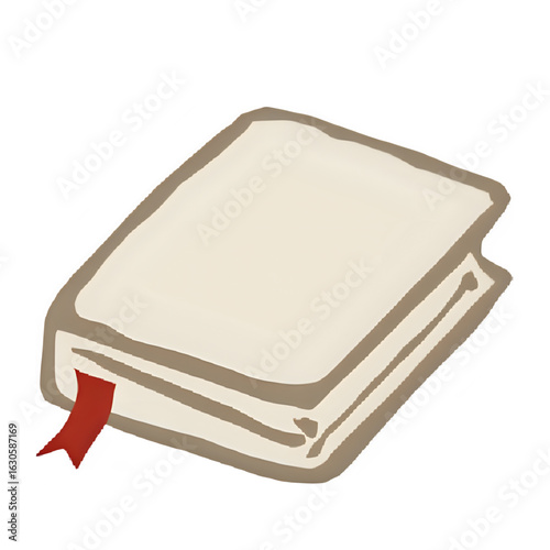 A simple, hand-drawn illustration of a closed book with a blank, light-colored cover and a red bookmark protruding from the bottom. This versatile image can represent reading, learning and stories.