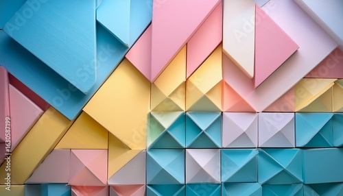 a vibrant abstract geometric background featuring soft pastel colors including pinks blues and yellows arranged in dynamic shapes and patterns