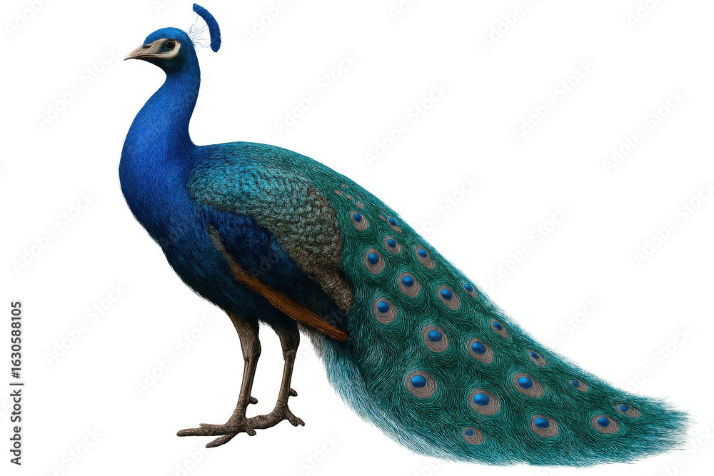 Obraz premium Full-body view of a peacock displaying its vibrant plumage, isolated on a transparent background