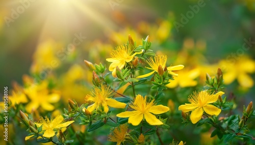 yellow flowers and green leaves of blooming st john s wort hypericum perforatum in spring or summer meadow medicinal herb natural healing naturopathy phytotherapy herbal remedies concept