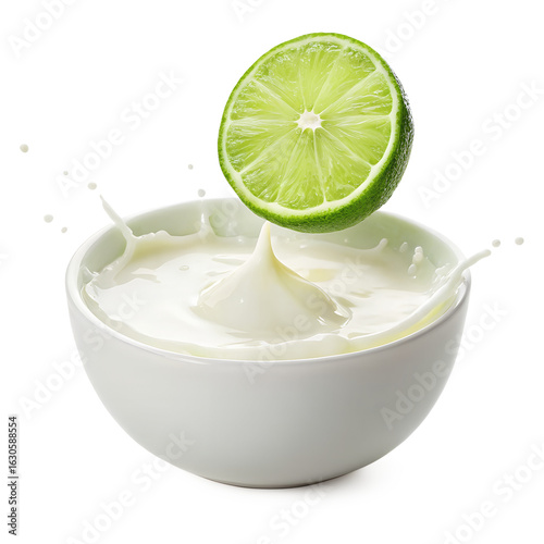 artistic splash shot of lime dropping into milk