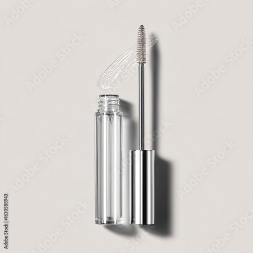 Brow gel tube and applicator on grey background, product photography for online store