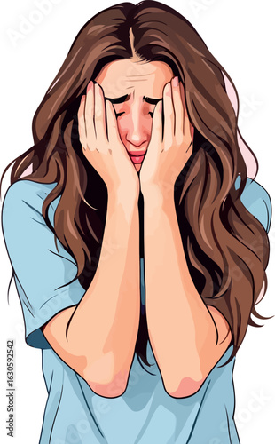 Vsai young woman crying and covering her face with hands