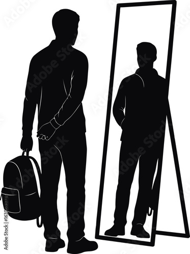 Man standing in front of mirror holding backpack with gradient color