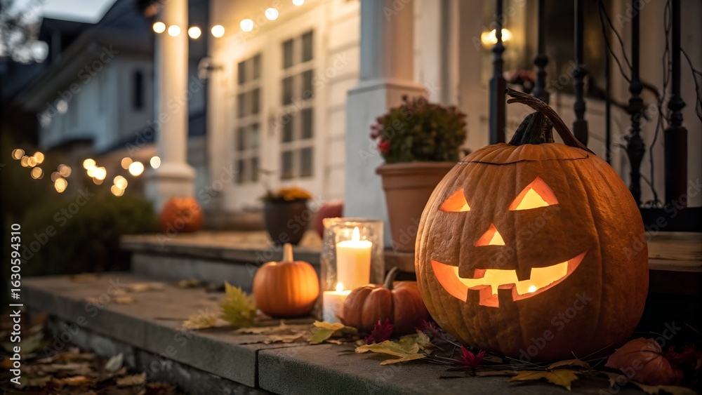 Fototapeta premium Warm Autumnal Halloween Porch: Jack-o'-lantern, candles, and fall leaves on inviting front steps at twilight.