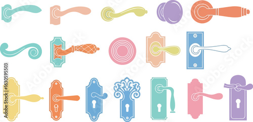 Illustrations of various colorful vintage style door handle designs