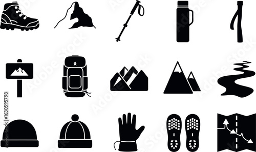Vector Hiking and Camping Equipment Icons: Black Silhouette Style