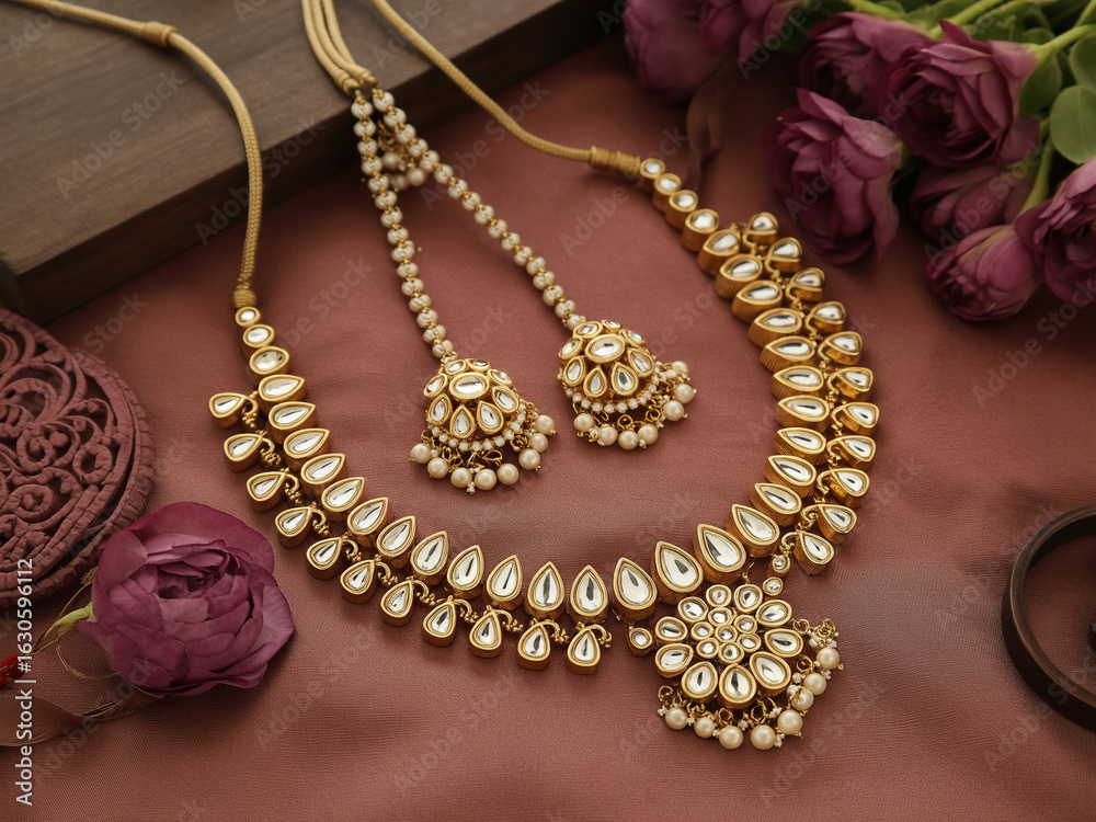 Obraz premium Gold Indian Necklace and Earrings with Pearls and White Stones