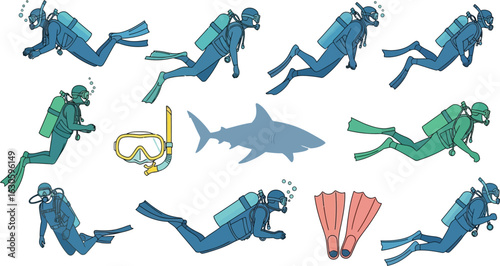 Illustration featuring scuba divers shark snorkel and diving equipment