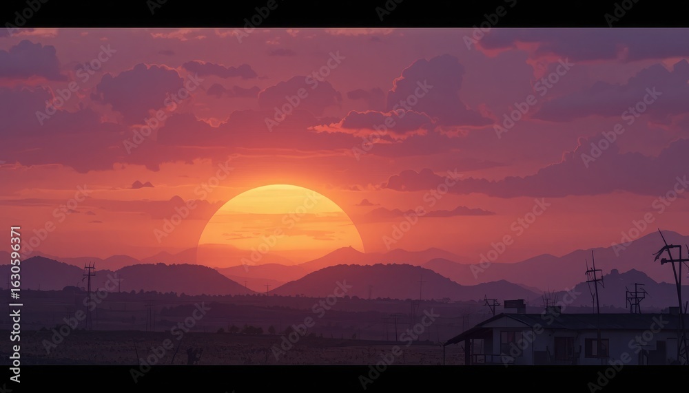Obraz premium Dramatic sunset over silhouetted mountains and rural landscape