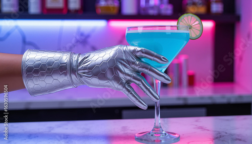 Silver-gloved hand serving blue cocktail with lime slice in bar  