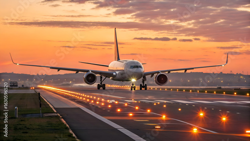 Airplane landing on runway at sunset with dramatic sky