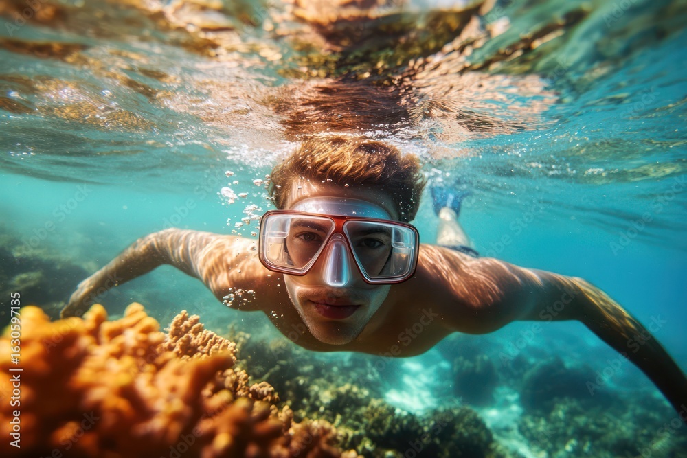 Naklejka premium Man snorkeling over coral reef in tropical ocean