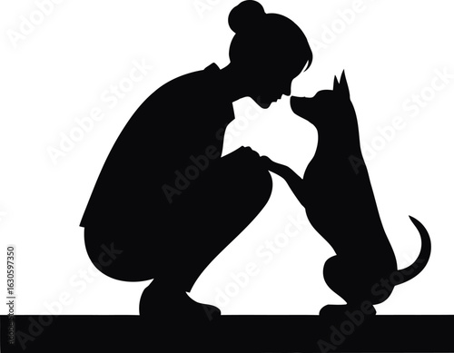 Silhouette of woman and dog touching noses in gradient coloration