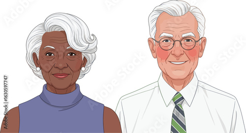 Illustration of an elderly couple with white hair on a white background
