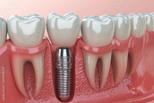 Dental implant positioned between healthy teeth to illustrate restorative dentistry concepts